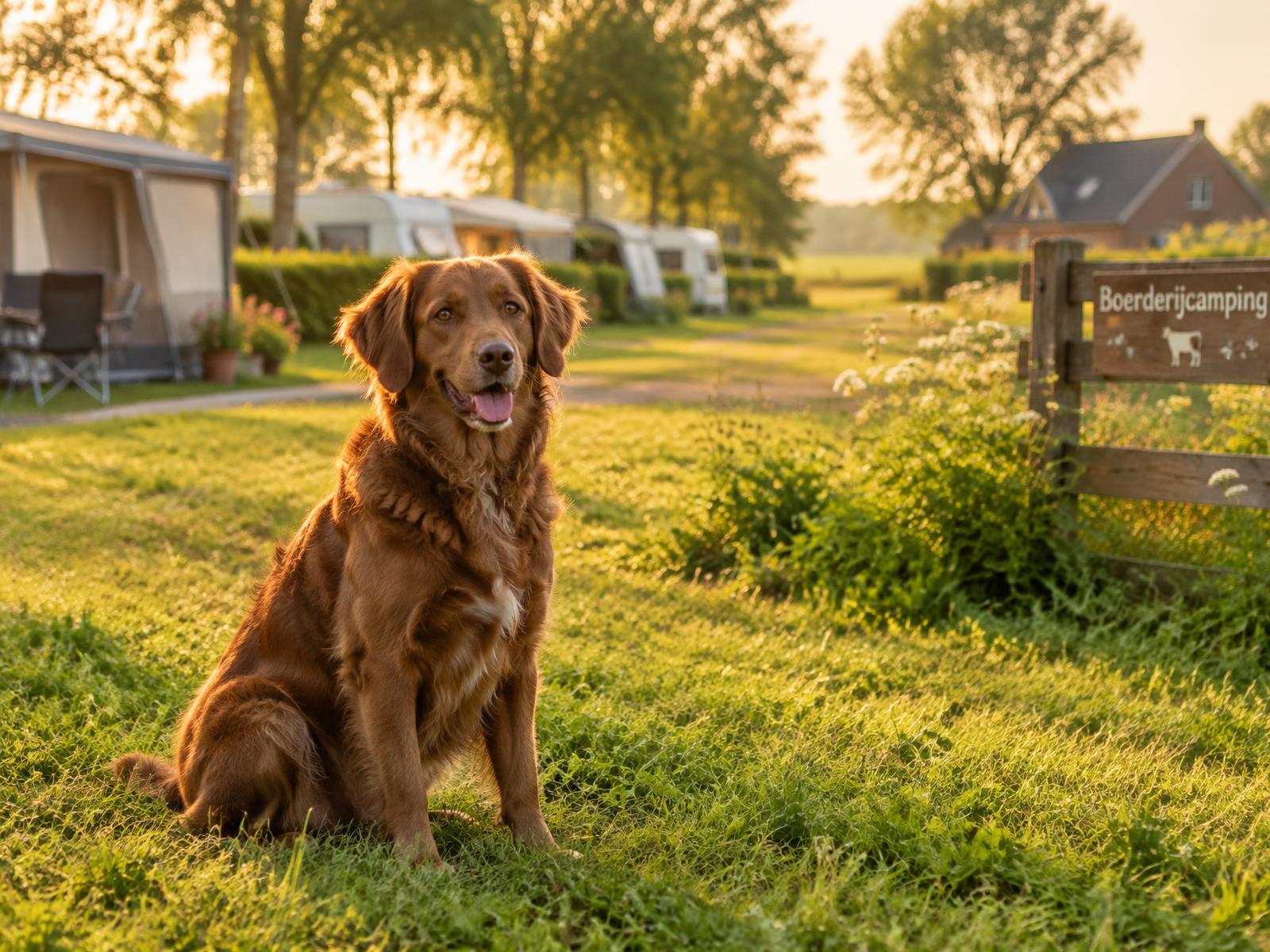 Hond op het gras bij de kampeerplaatsen op Mariëndreef
